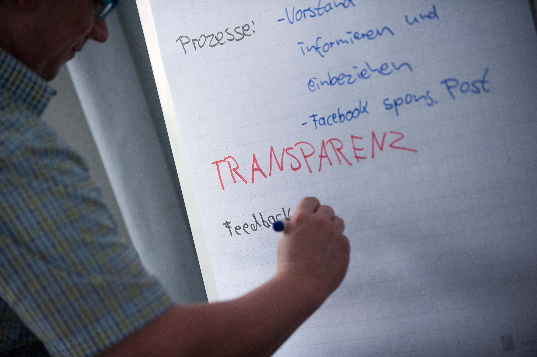 Mensch schreibt "Transparenz" auf ein Flipchart.